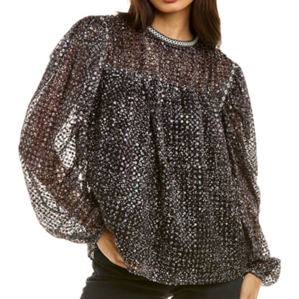Maje Limix Sequinned Top Embroidered Organza Black Silver Shirt Blouse 2 Usm New